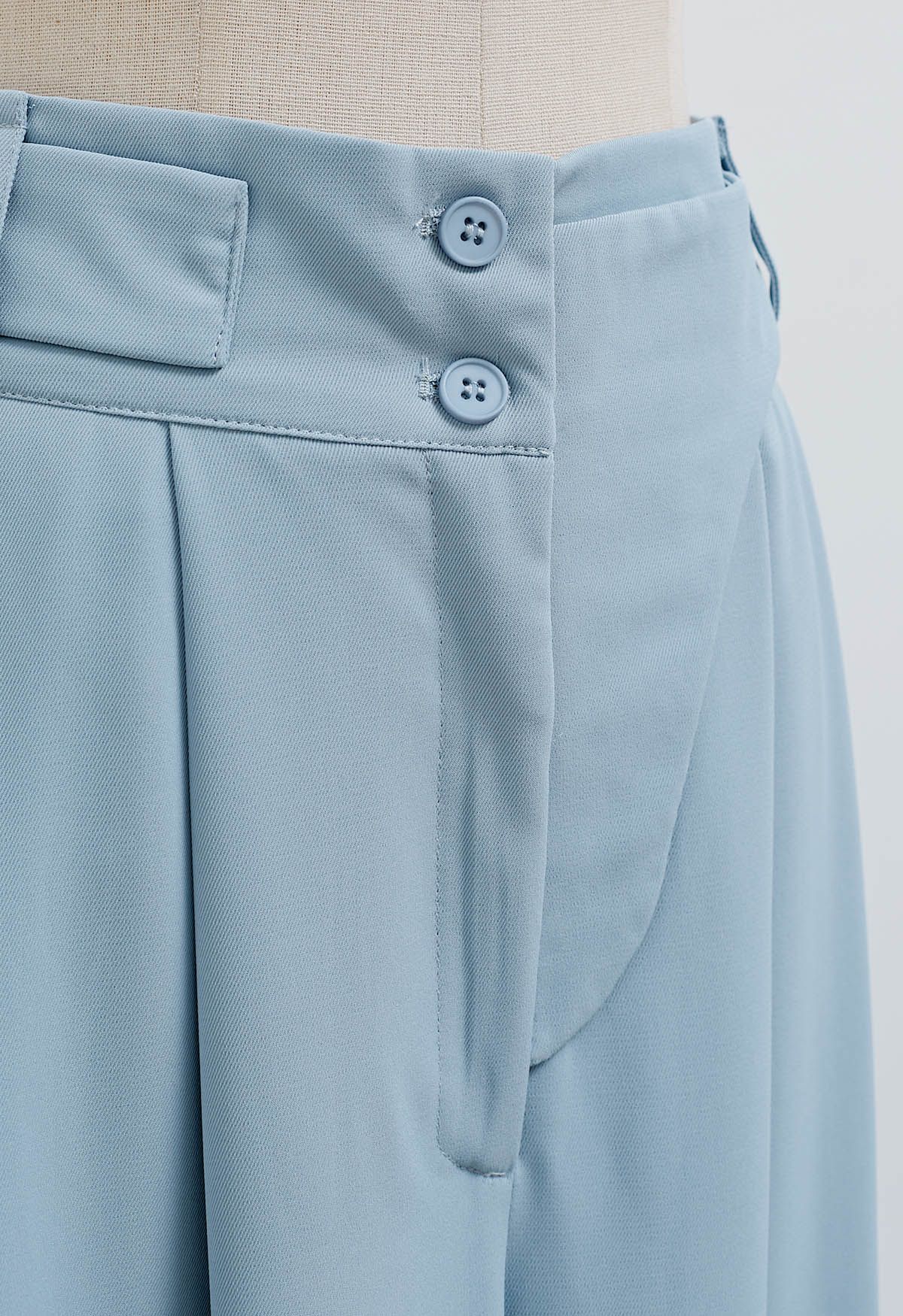 Decorative Belt Pleated Wide-Leg Pants in Blue