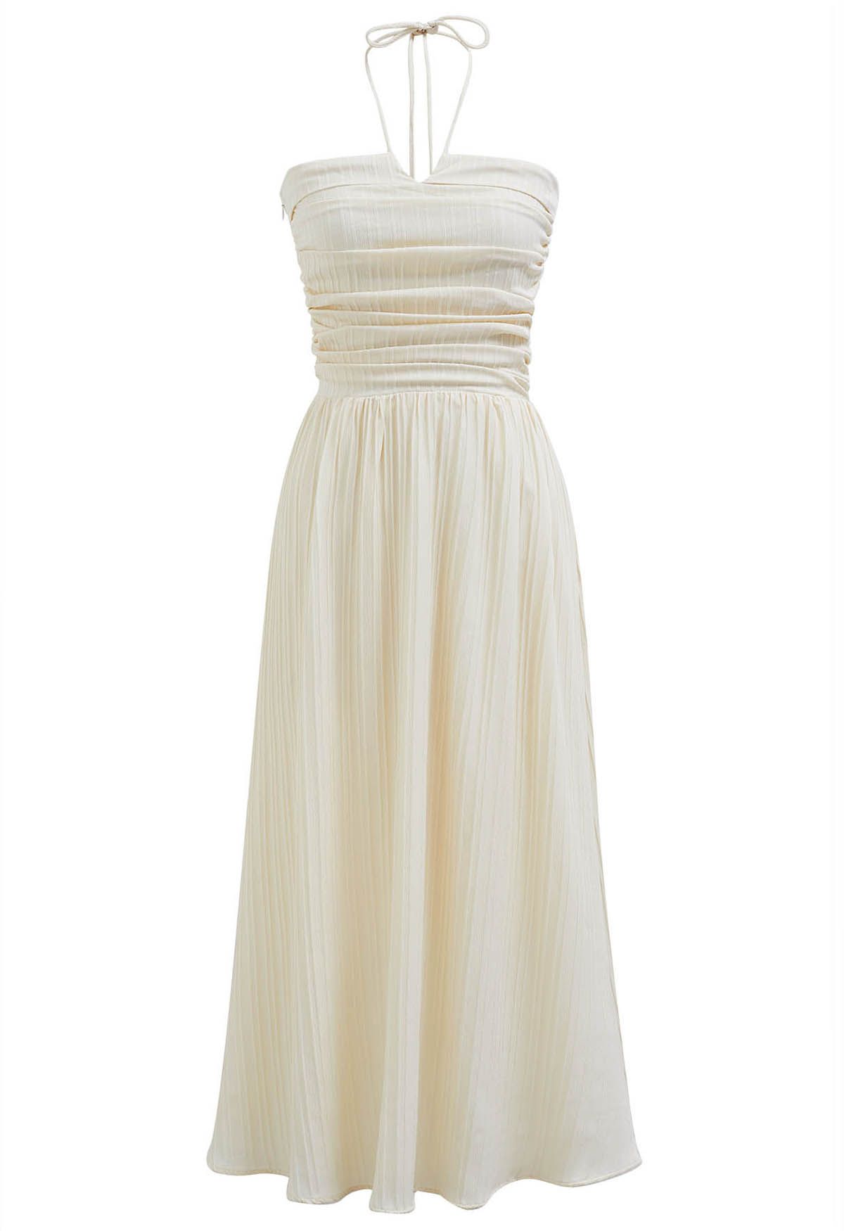 Halter Neck Shirred Back Midi Dress in Cream