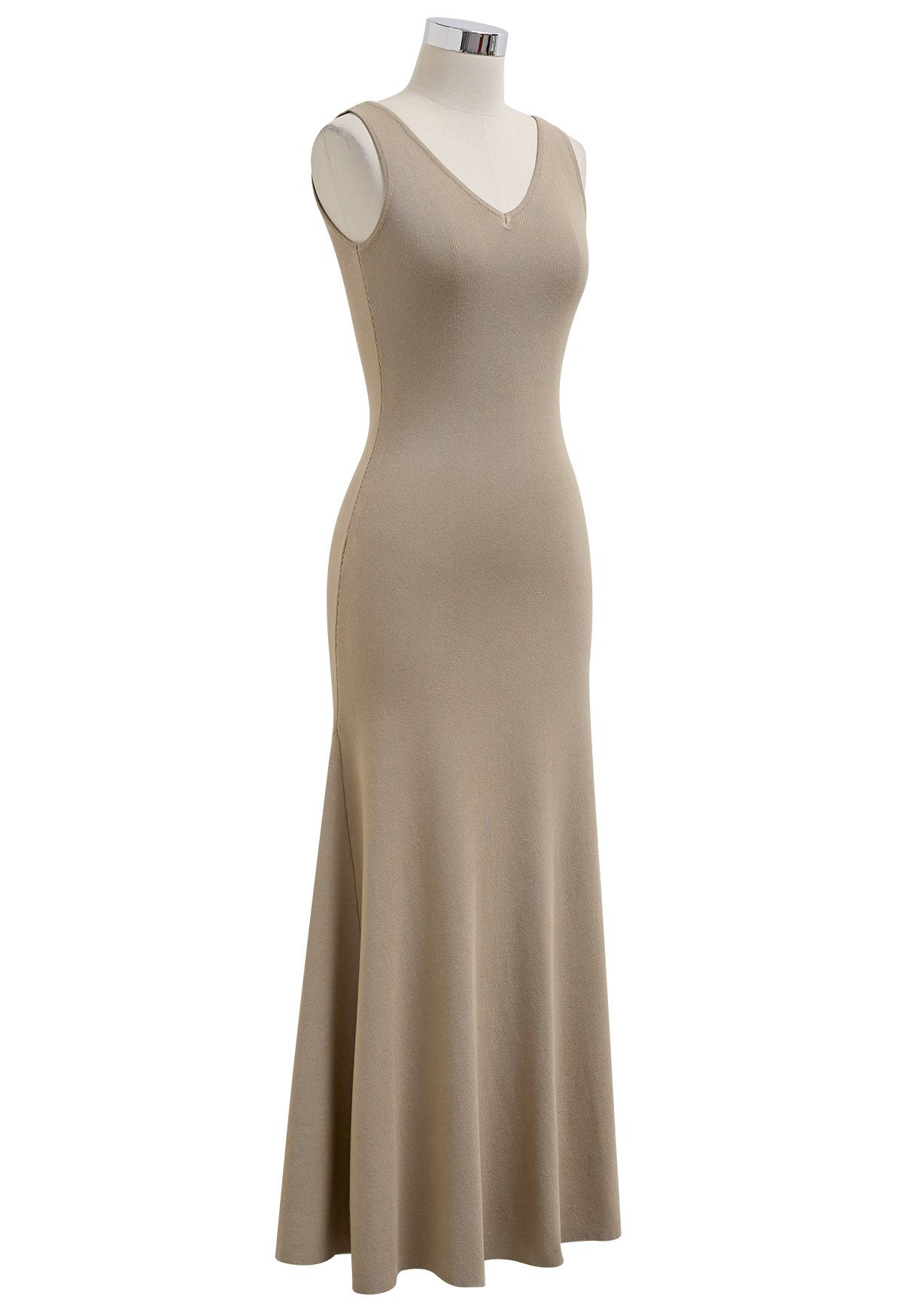 V-Neck Frill Hem Sleeveless Maxi Dress in Camel