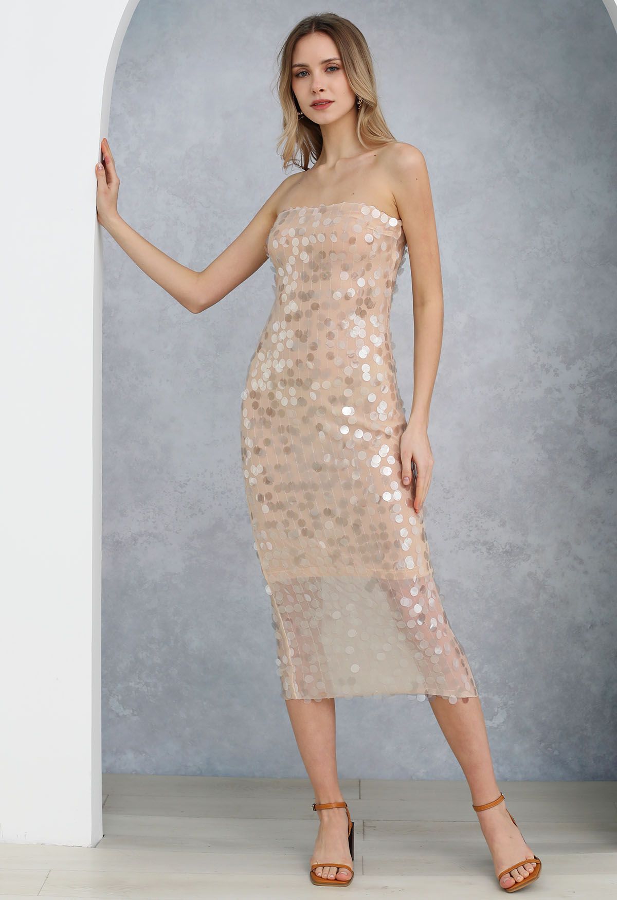 Dazzling Sequined Strapless Midi Dress