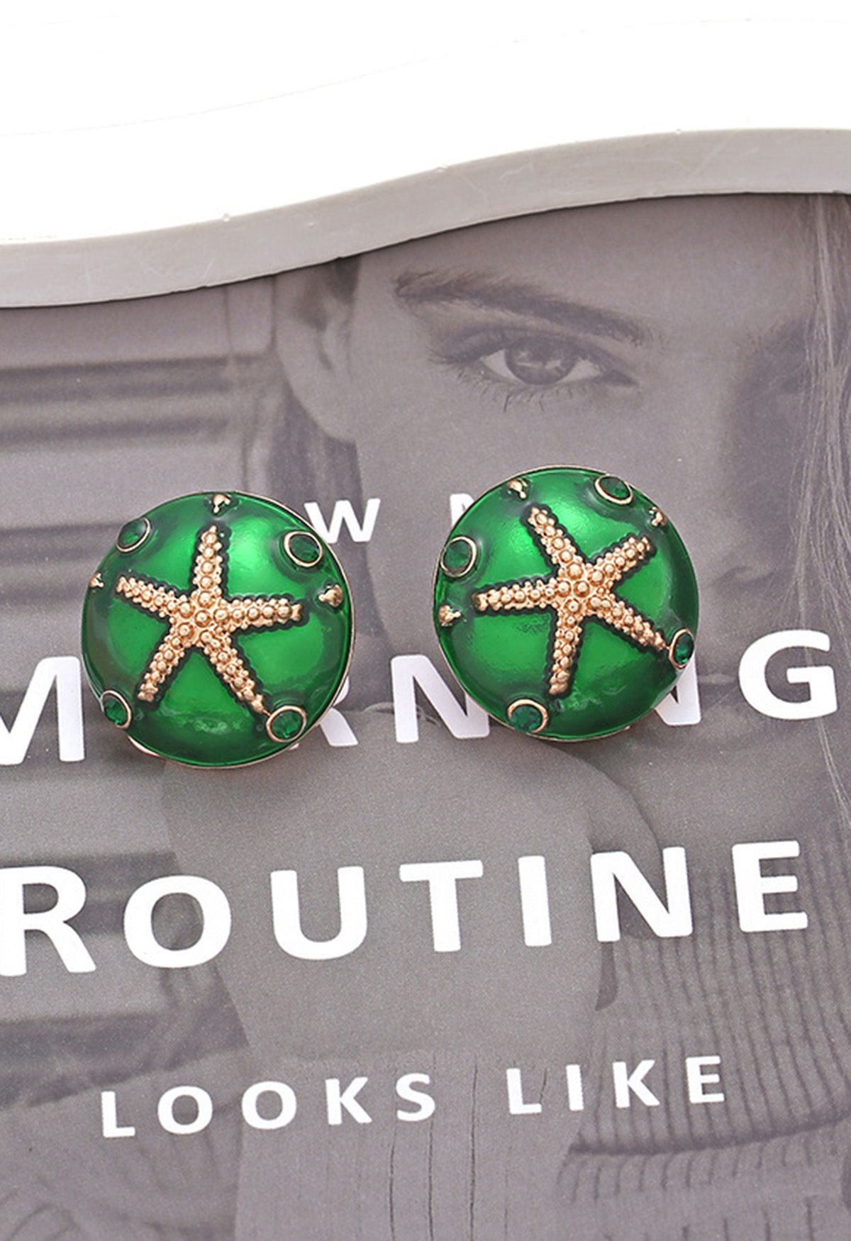 Rounded Starfish Oil Spill Earrings in Green