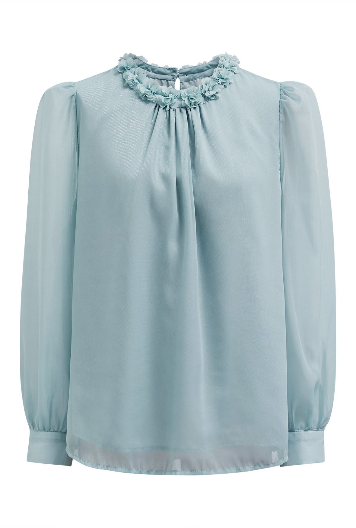 3D Petal Neckline Semi-Sheer Top in Blue