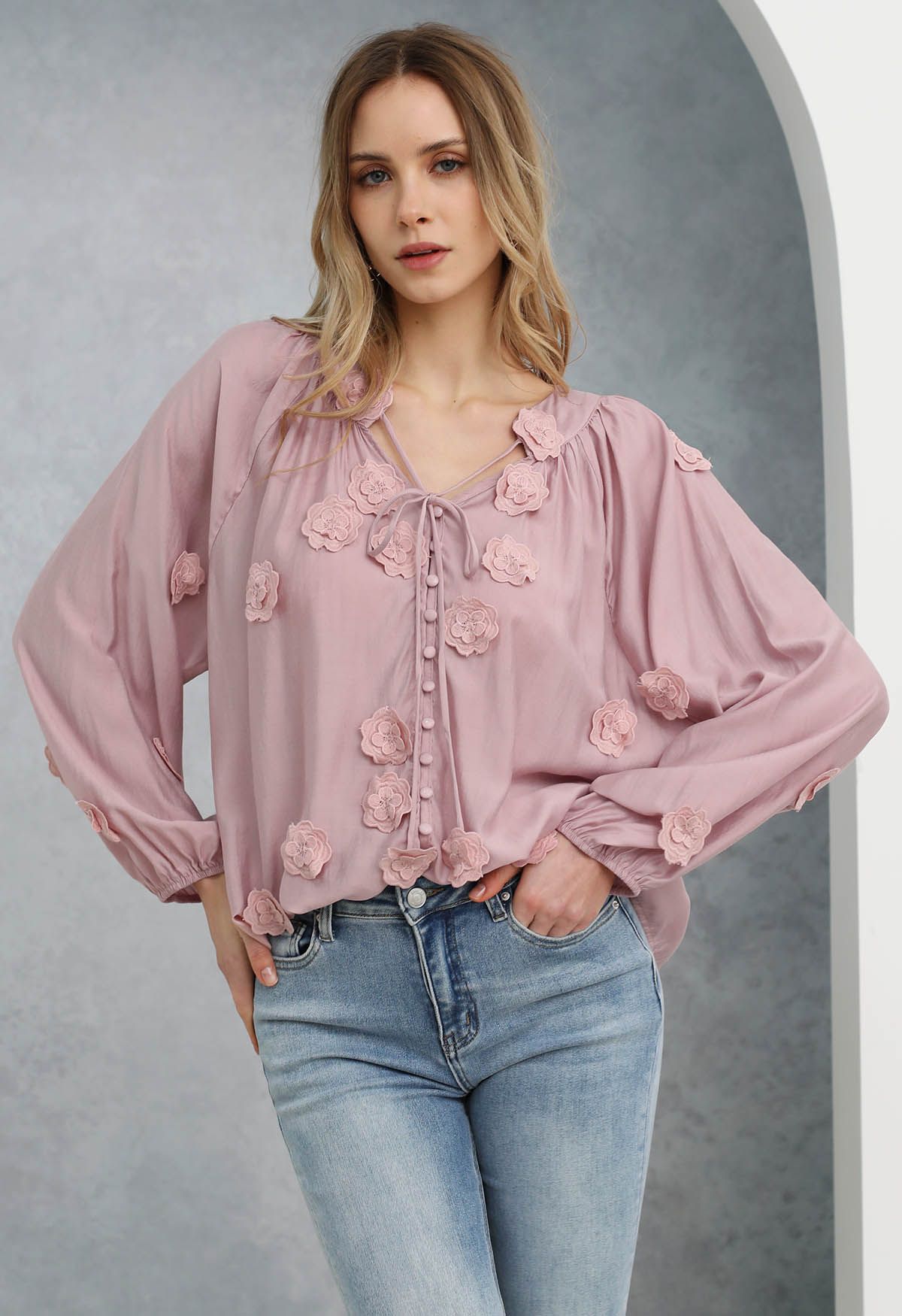 Romantic Blossom 3D Lace Flowers Buttoned Shirt in Pink
