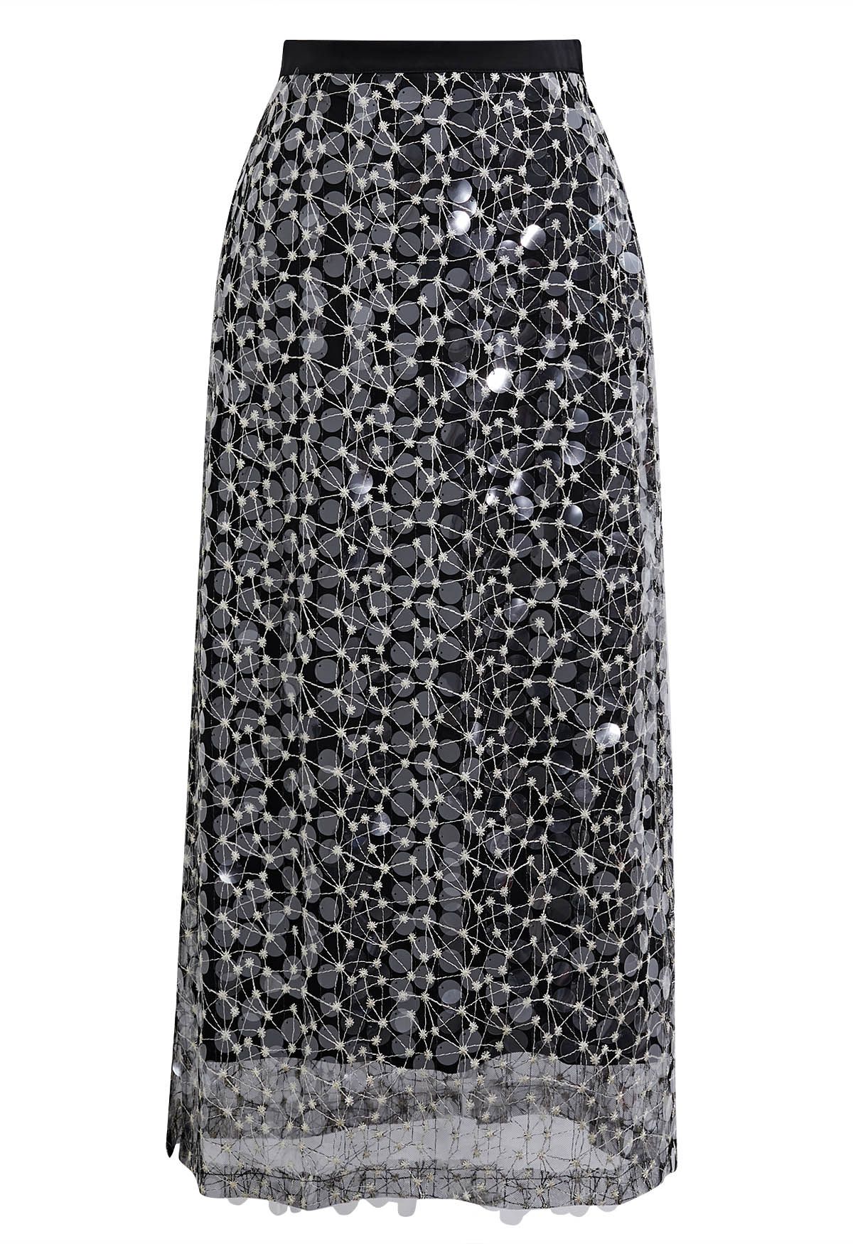 Glittering Sequin Embroidered Mesh Skirt in Black