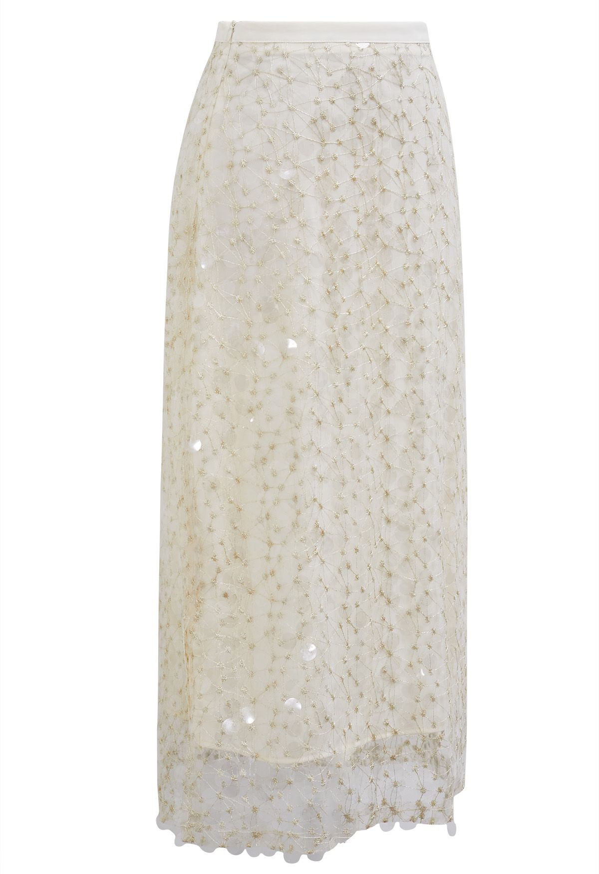 Glittering Sequin Embroidered Mesh Skirt in Cream