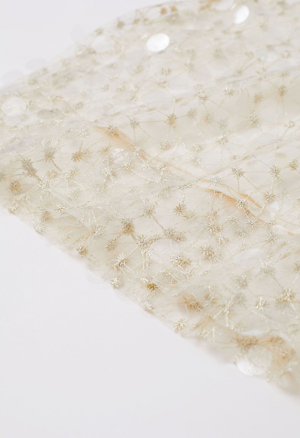 Glittering Sequin Embroidered Mesh Skirt in Cream
