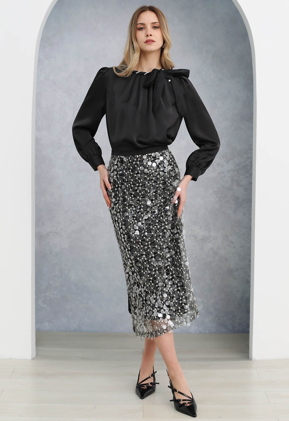 Glittering Sequin Embroidered Mesh Skirt in Black