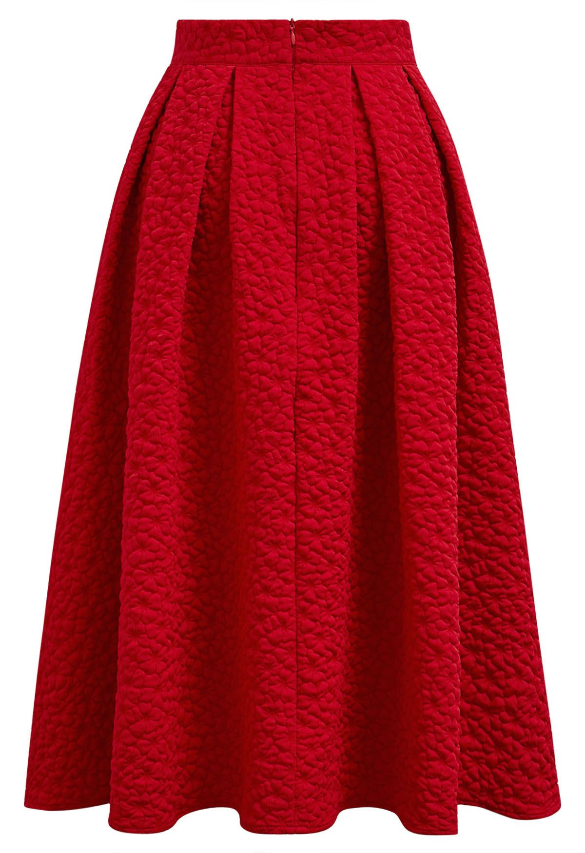 Embossed Floral A-Line Pleated Midi Skirt in Red