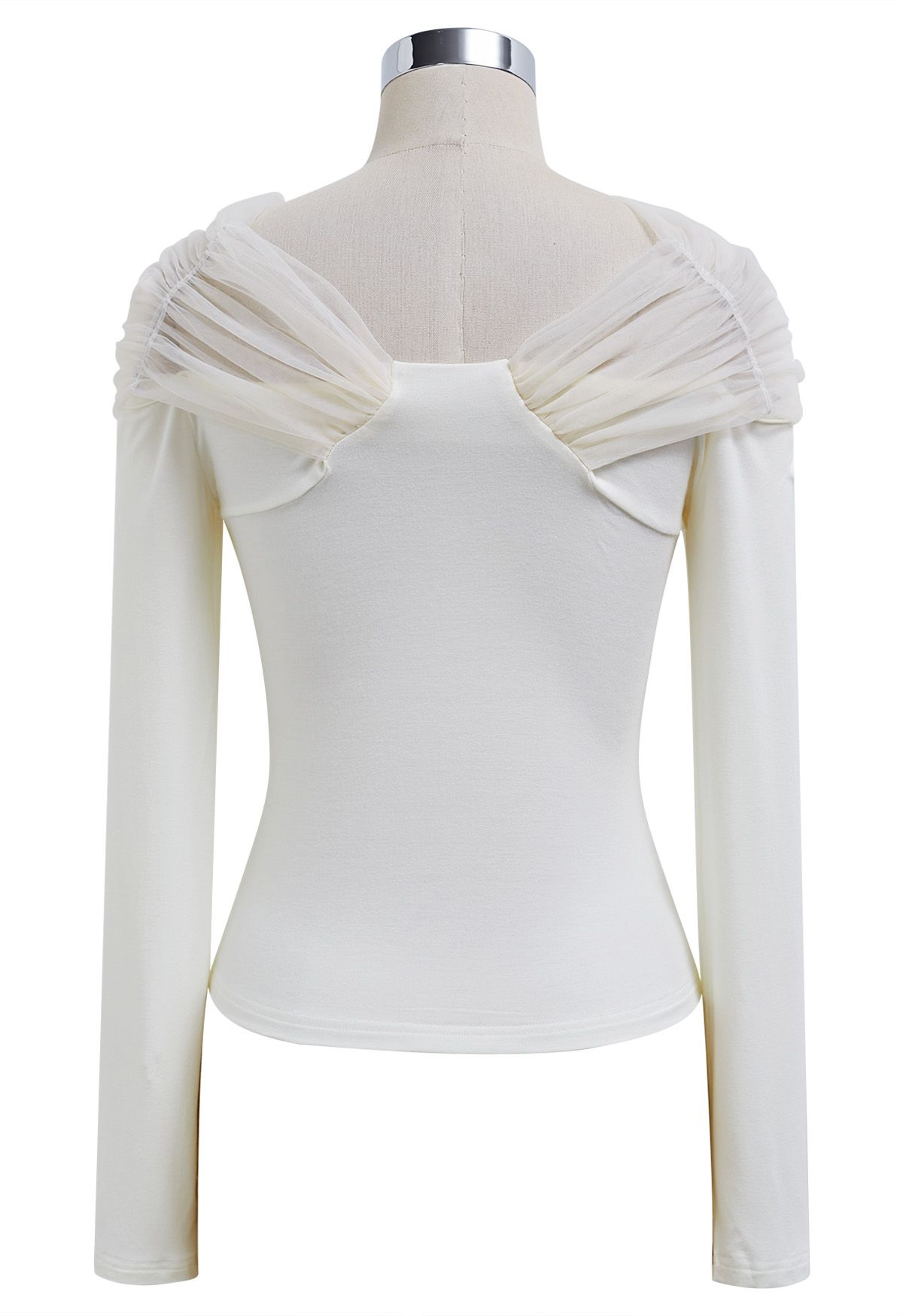 Mesh Spliced Shoulder Fitted Top in Ivory