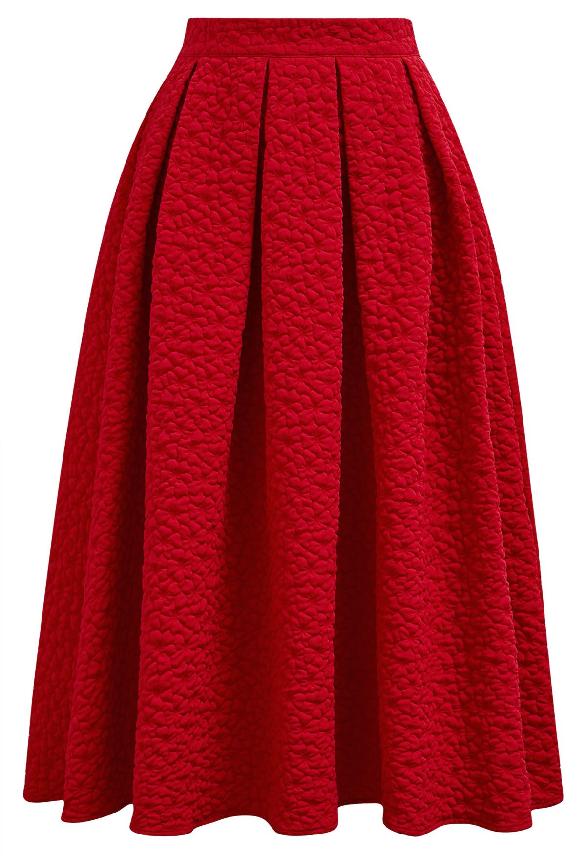 Embossed Floral A-Line Pleated Midi Skirt in Red