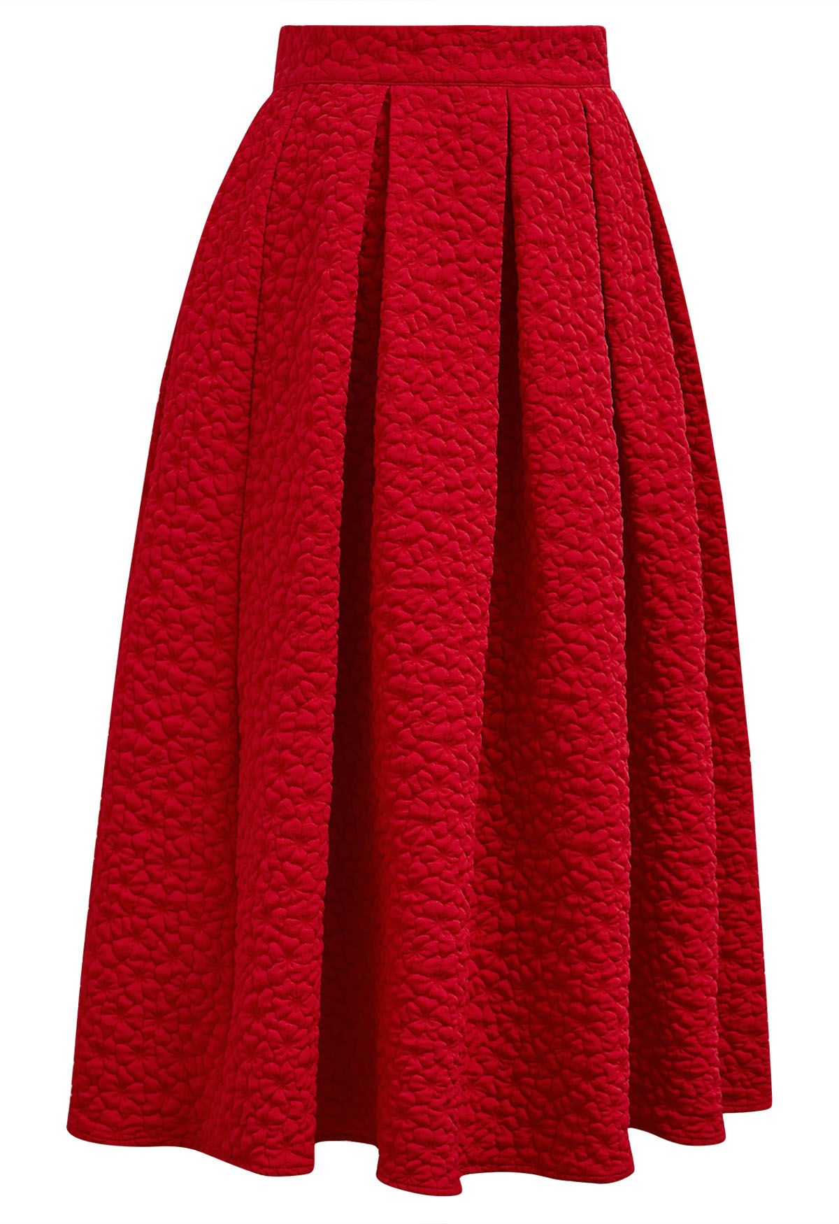 Embossed Floral A-Line Pleated Midi Skirt in Red