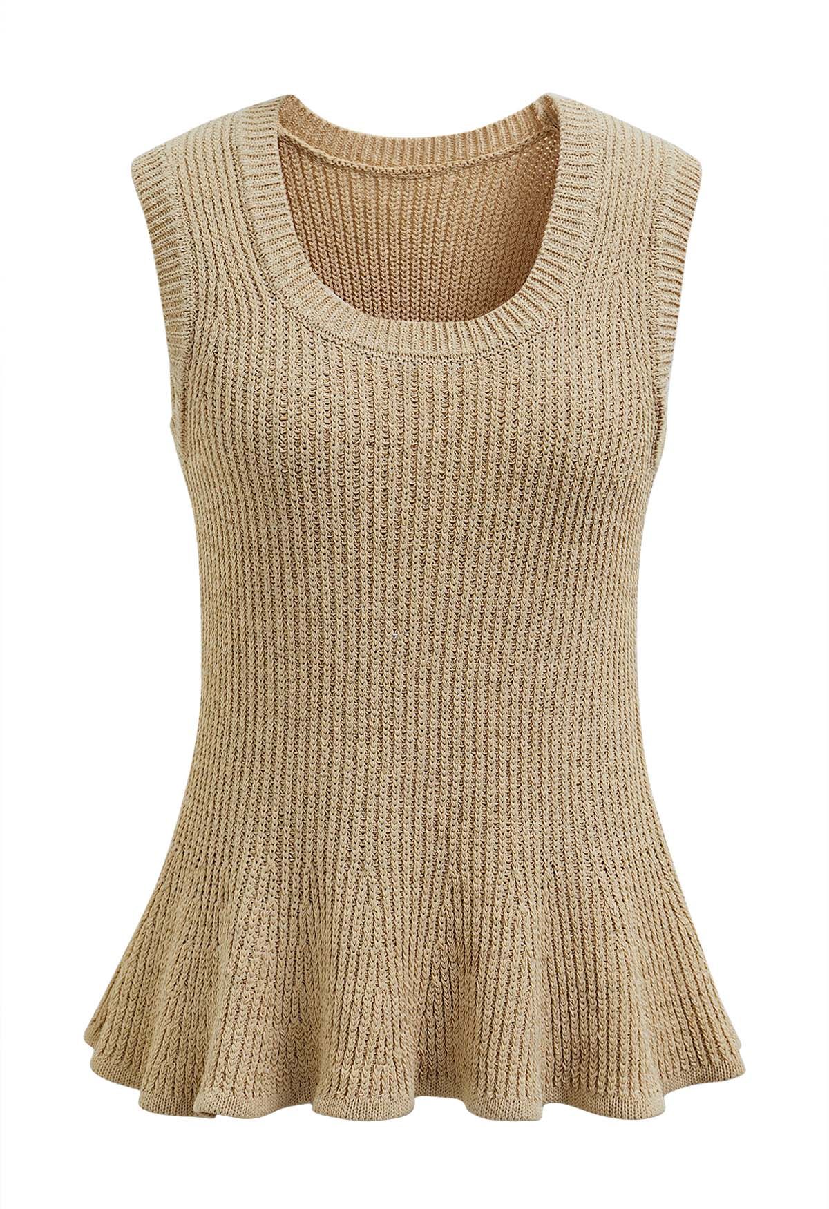 Scoop Neck Ruffle Hem Sleeveless Knit Top in Light Tan