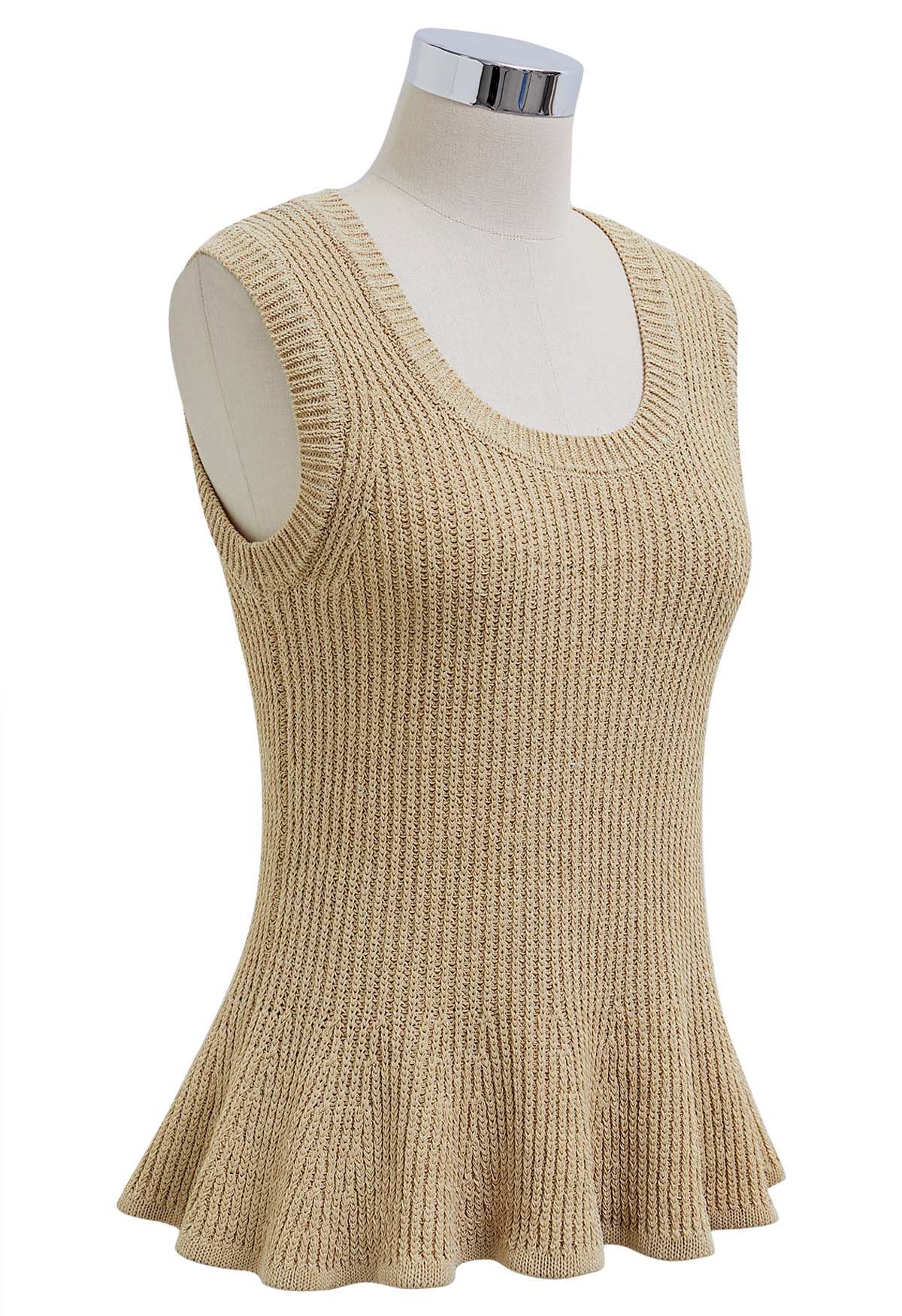 Scoop Neck Ruffle Hem Sleeveless Knit Top in Light Tan