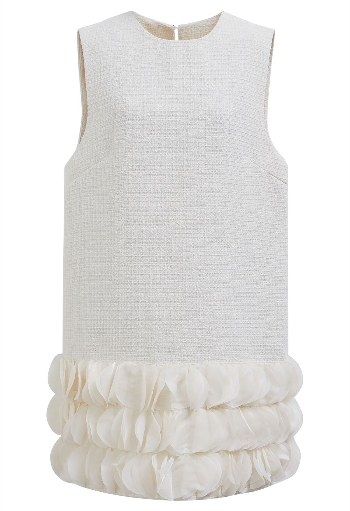 3D Petal Hemline Tweed Sleeveless Dress in Ivory