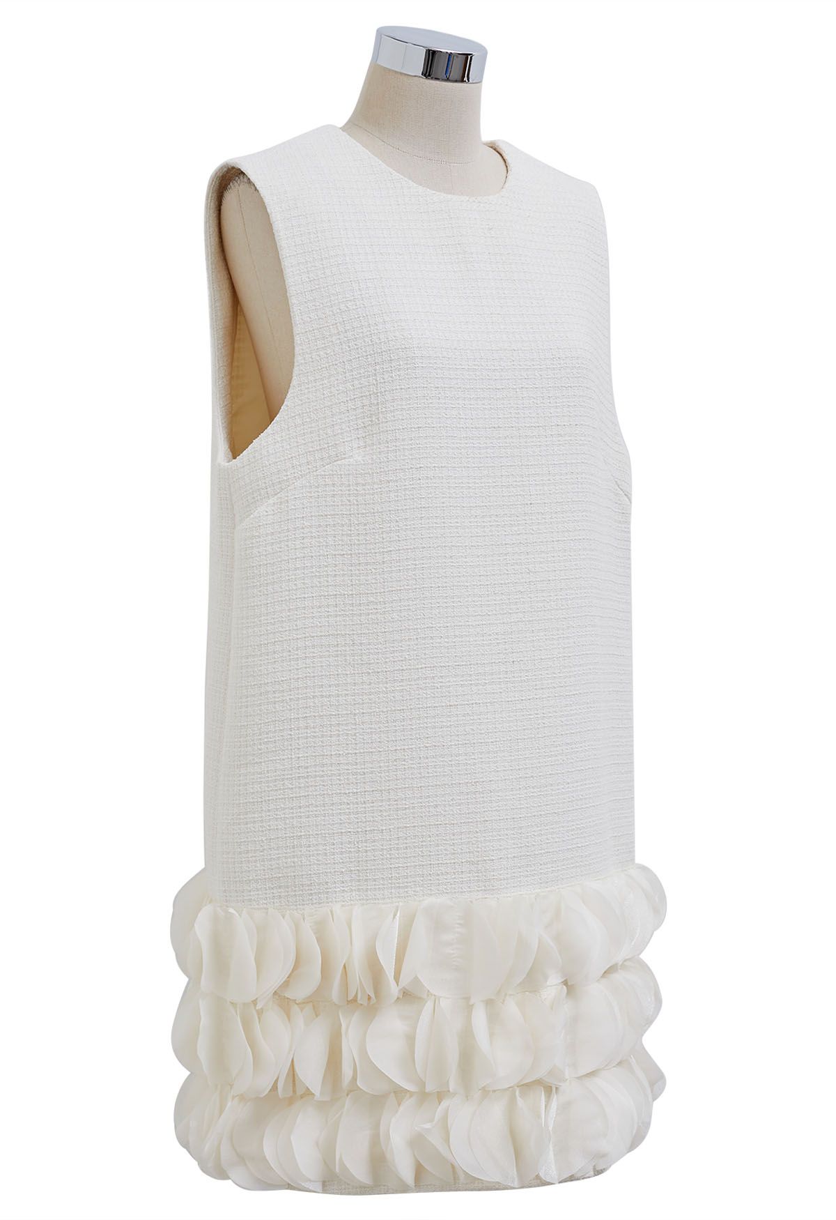 3D Petal Hemline Tweed Sleeveless Dress in Ivory