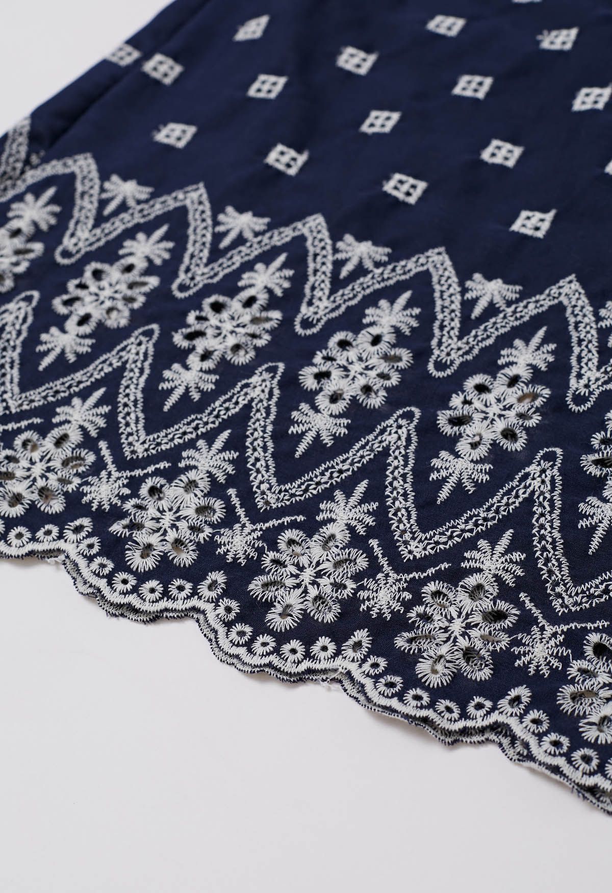 Tie-Waist Eyelet Embroidered Cotton Shirt Dress in Navy