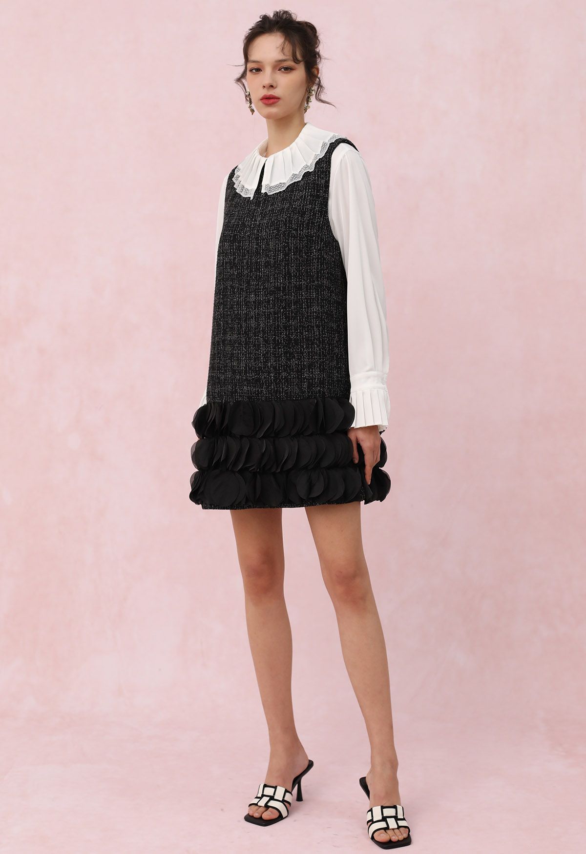 3D Petal Hemline Tweed Sleeveless Dress in Black