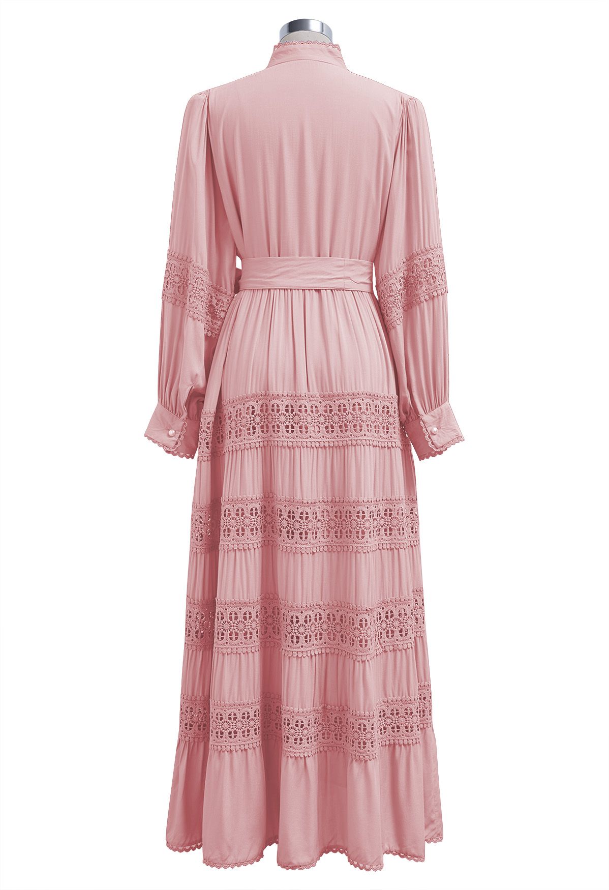 Crochet Panelled Tie-Waist Button Down Dress in Pink