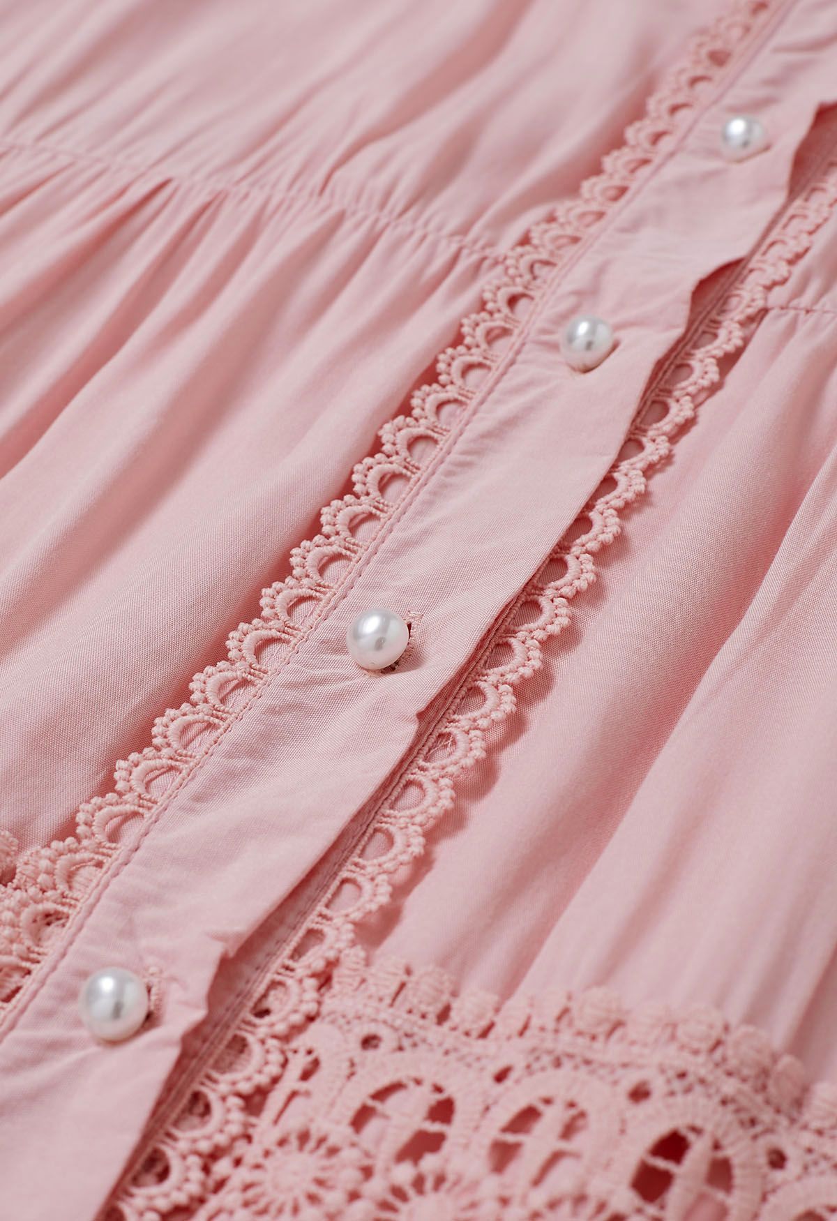 Crochet Panelled Tie-Waist Button Down Dress in Pink