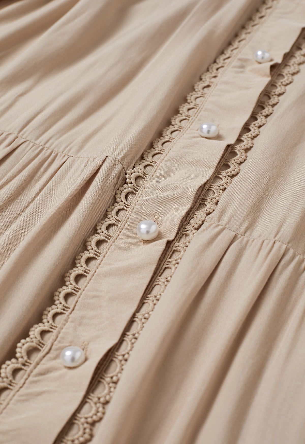 Crochet Panelled Tie-Waist Button Down Dress in Khaki