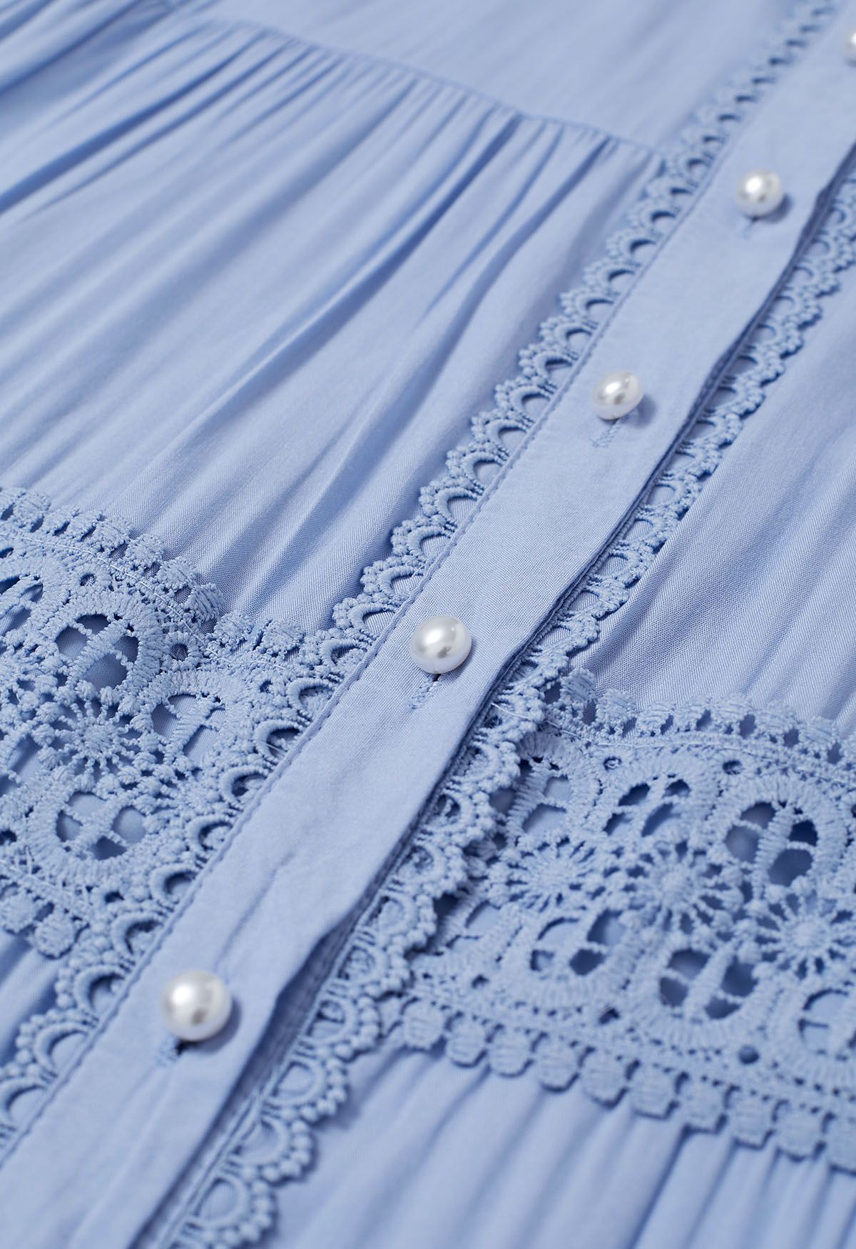 Crochet Panelled Tie-Waist Button Down Dress in Blue