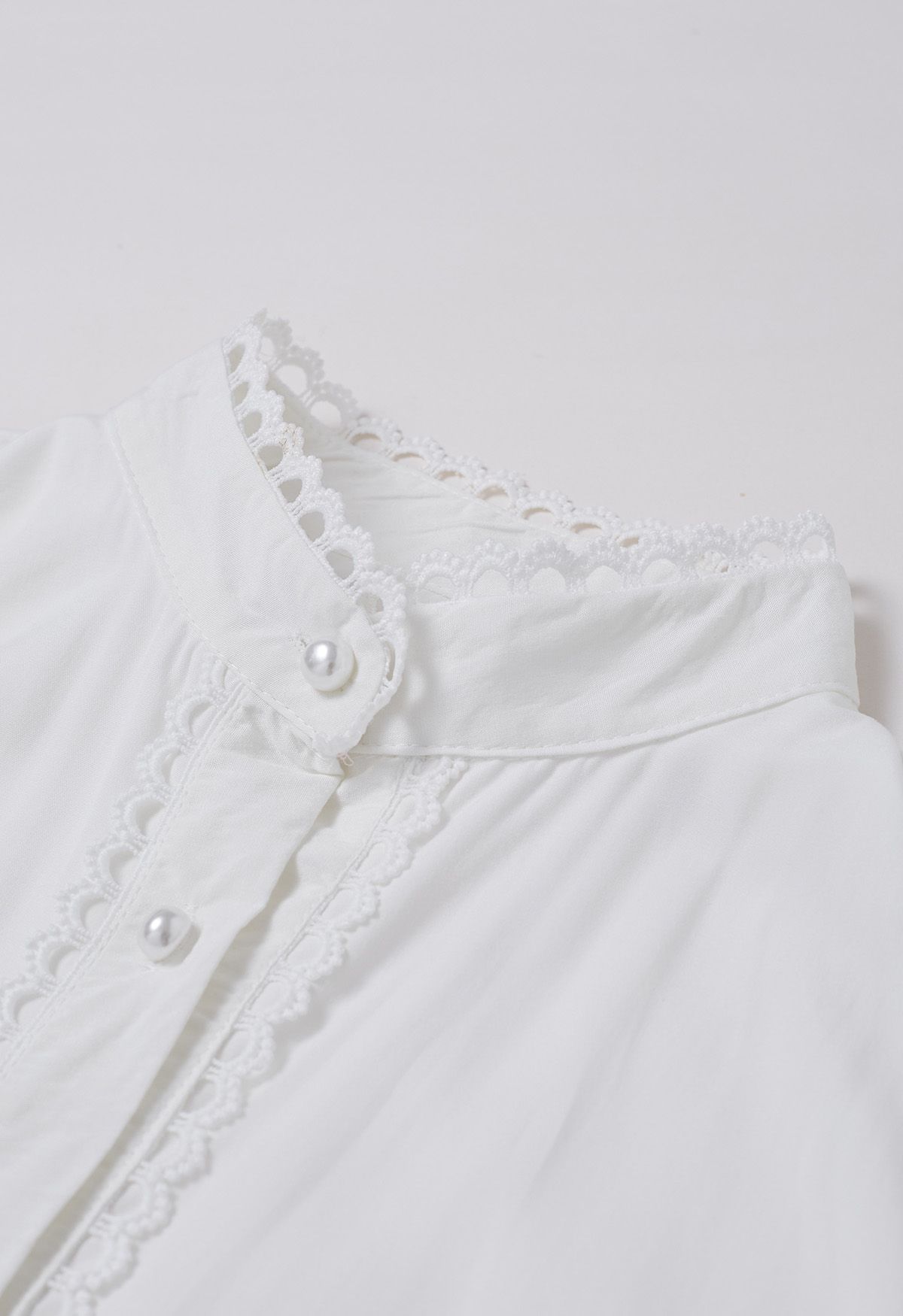 Crochet Panelled Tie-Waist Button Down Dress in White