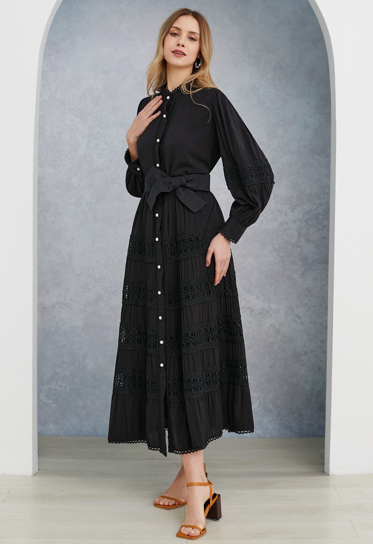 Crochet Panelled Tie-Waist Button Down Dress in Black