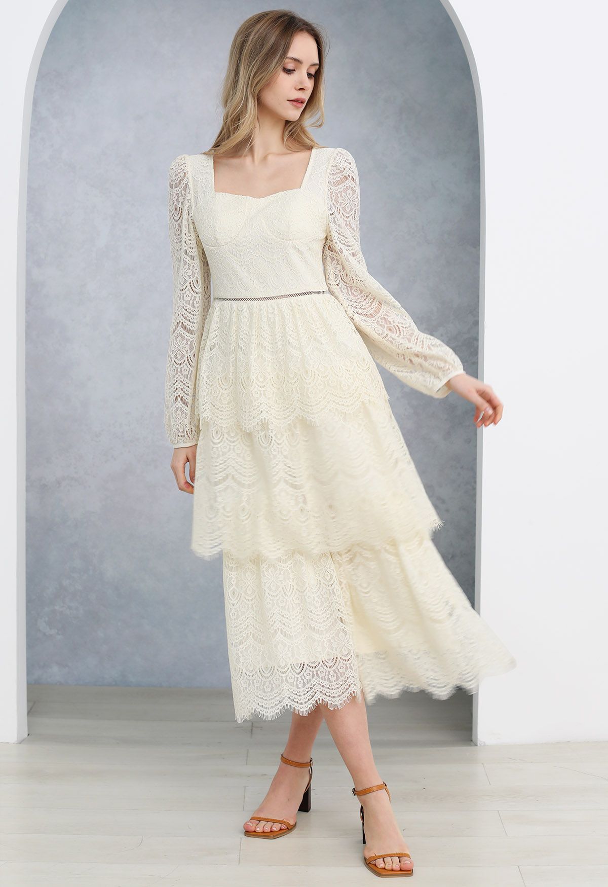 Delicate Cutwork Lace Tiered Midi Dress