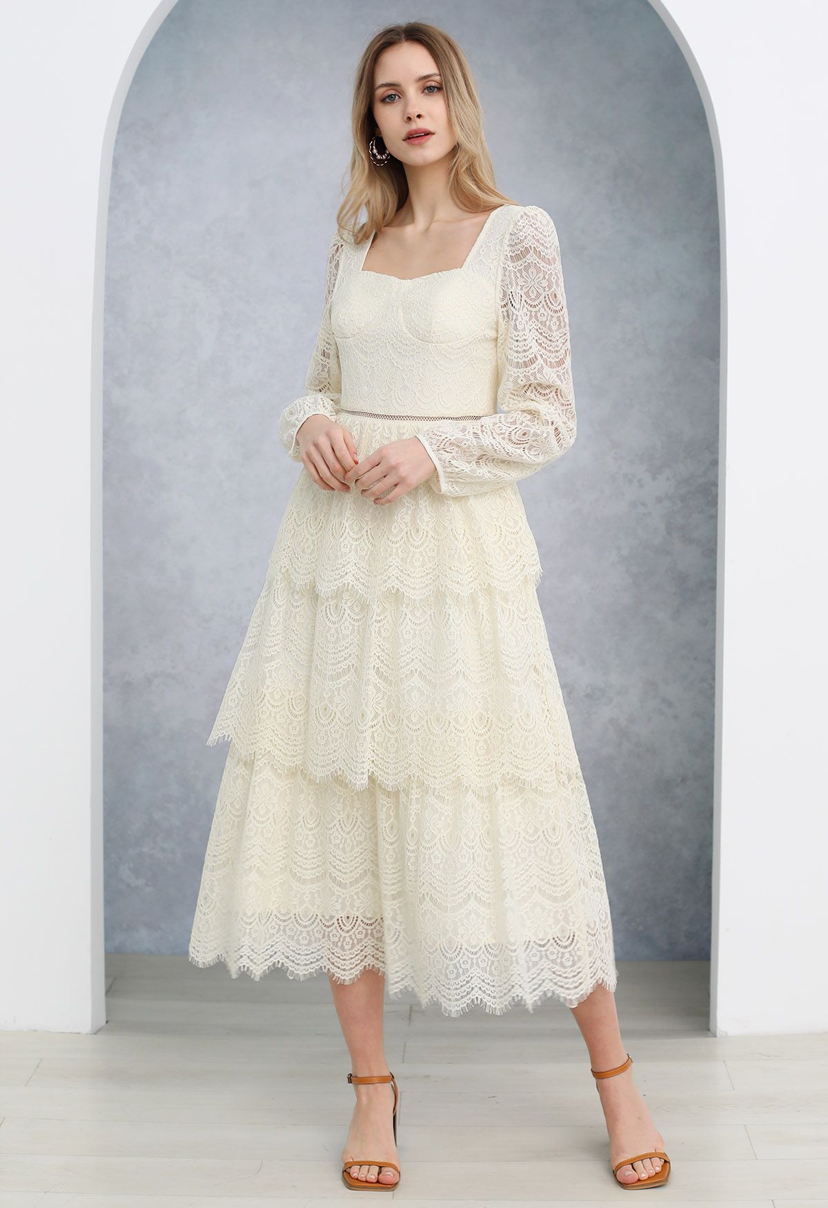 Delicate Cutwork Lace Tiered Midi Dress