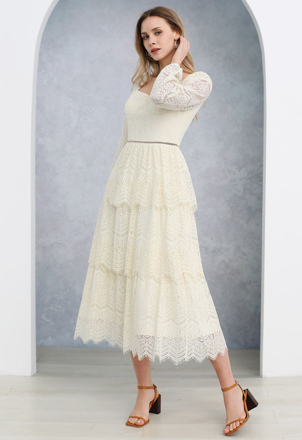 Delicate Cutwork Lace Tiered Midi Dress