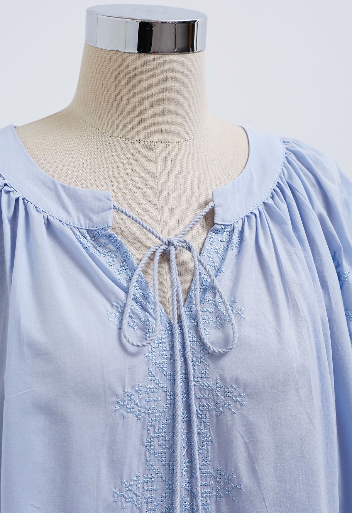 Tassel String Embroidered Cotton Top in Blue