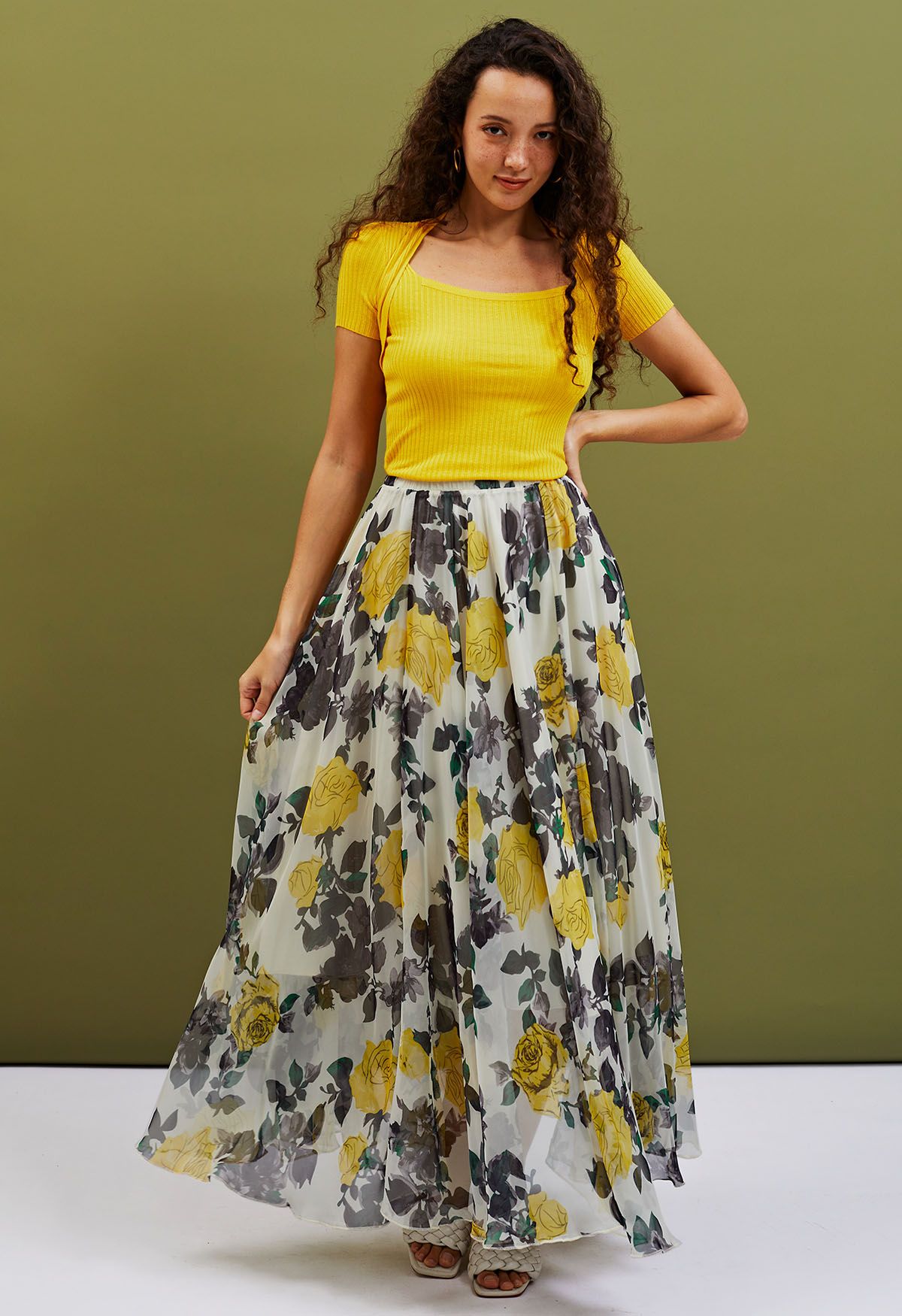 Joyful Yellow Rose Chiffon Maxi Skirt
