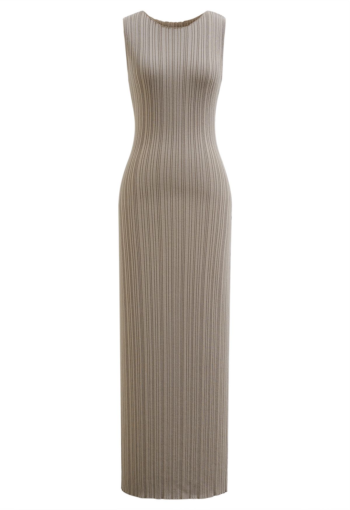 Slit Back Bodycon Sleeveless Knit Maxi Dress in Taupe