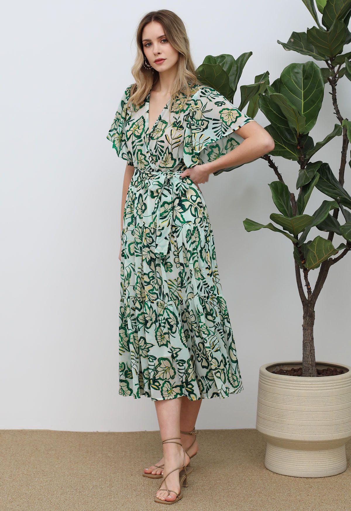 Leaves Printed Flutter Sleeve Faux-Wrap Dress