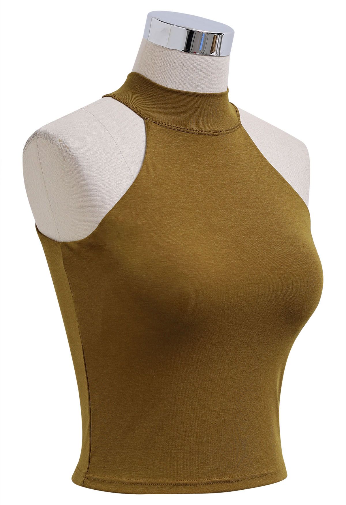 Solid Halter Neck Crop Top in Camel