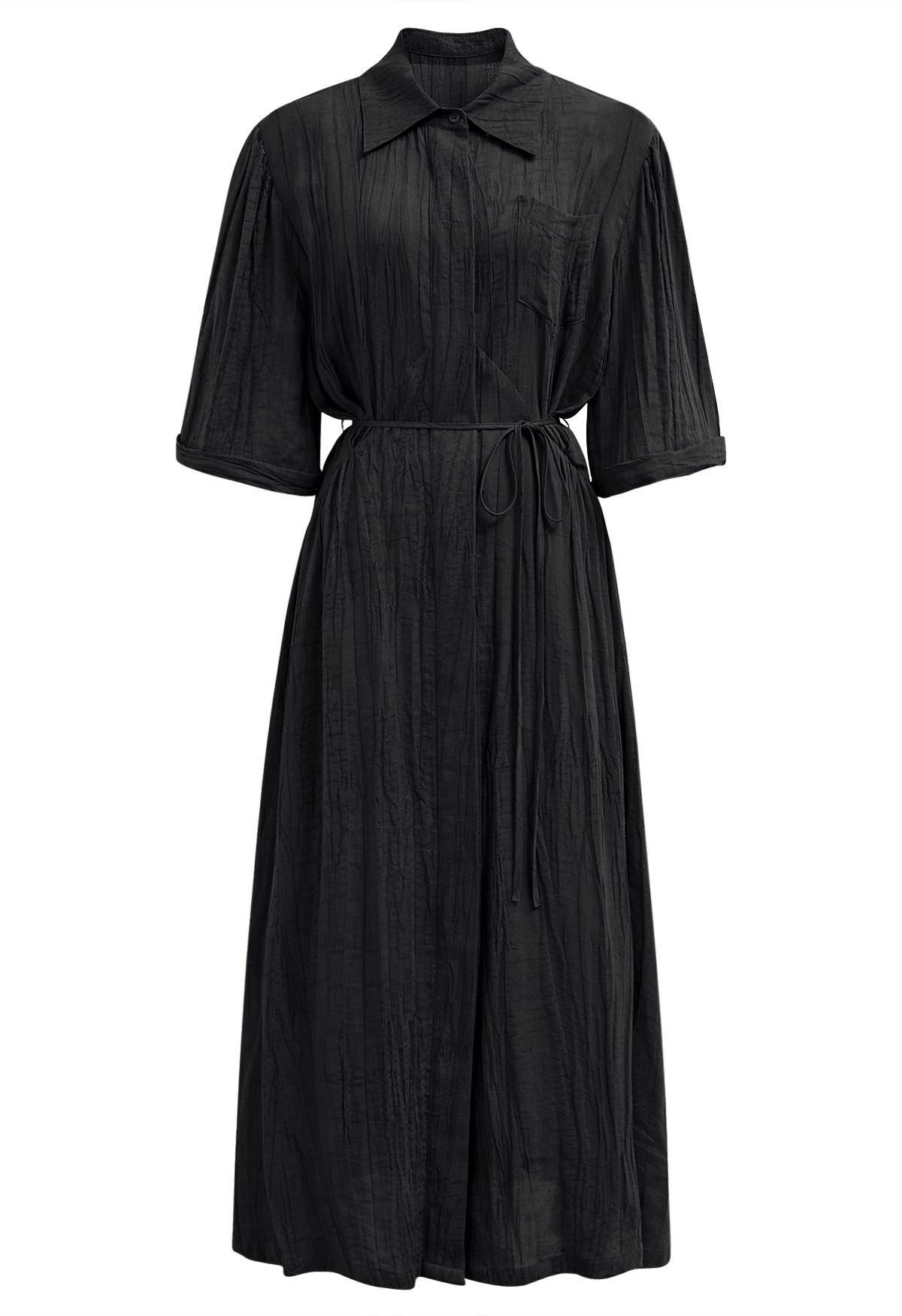 Elbow Sleeve Tie-Waist Buttoned Shirt Dress in Black