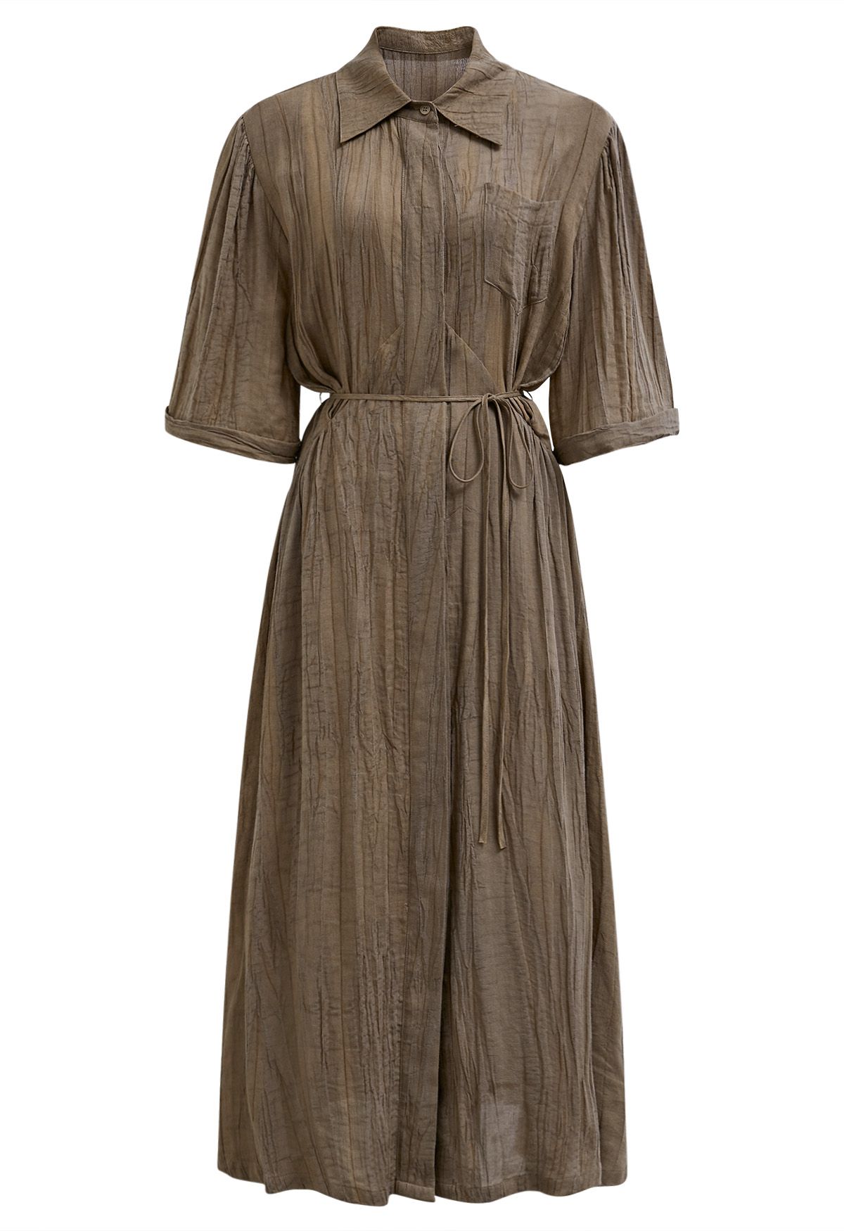 Elbow Sleeve Tie-Waist Buttoned Shirt Dress in Brown