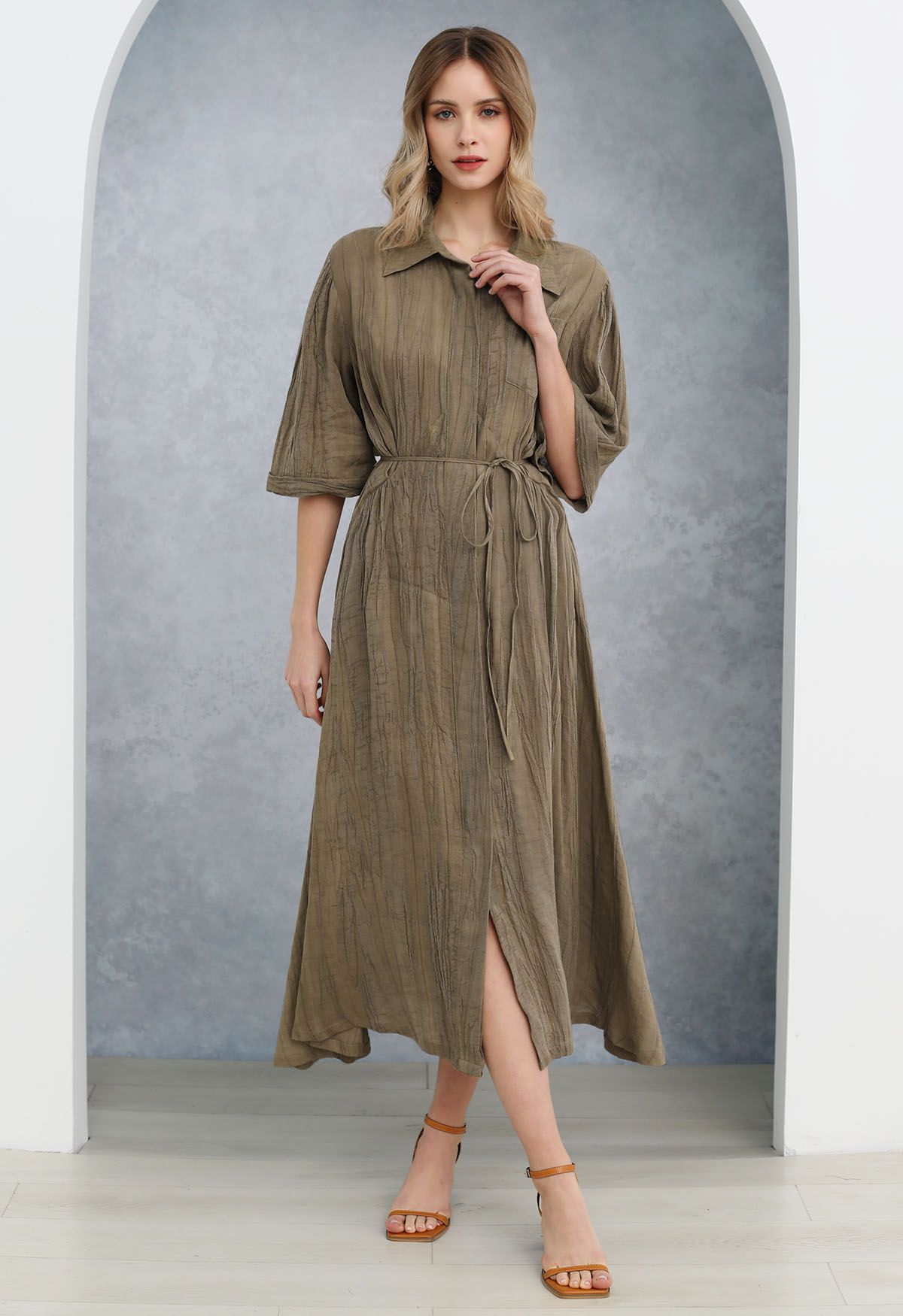 Elbow Sleeve Tie-Waist Buttoned Shirt Dress in Brown