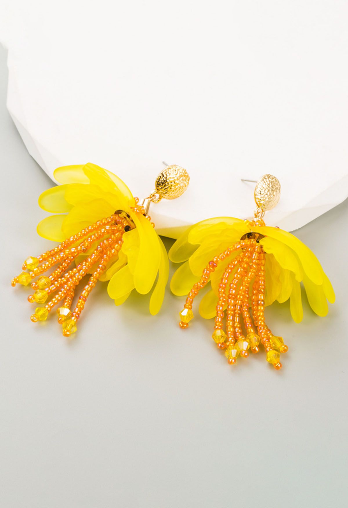 Beaded Petal Tassel Earrings in Yellow