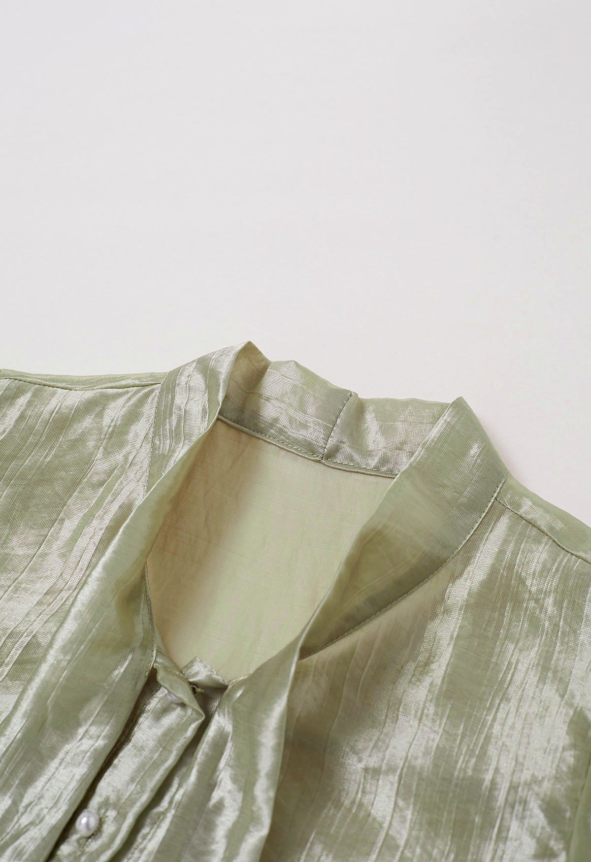Texture Satin Self-Tie Bowknot Shirt in Moss Green