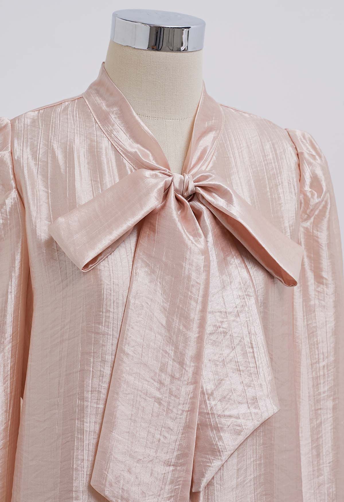 Texture Satin Self-Tie Bowknot Shirt in Coral