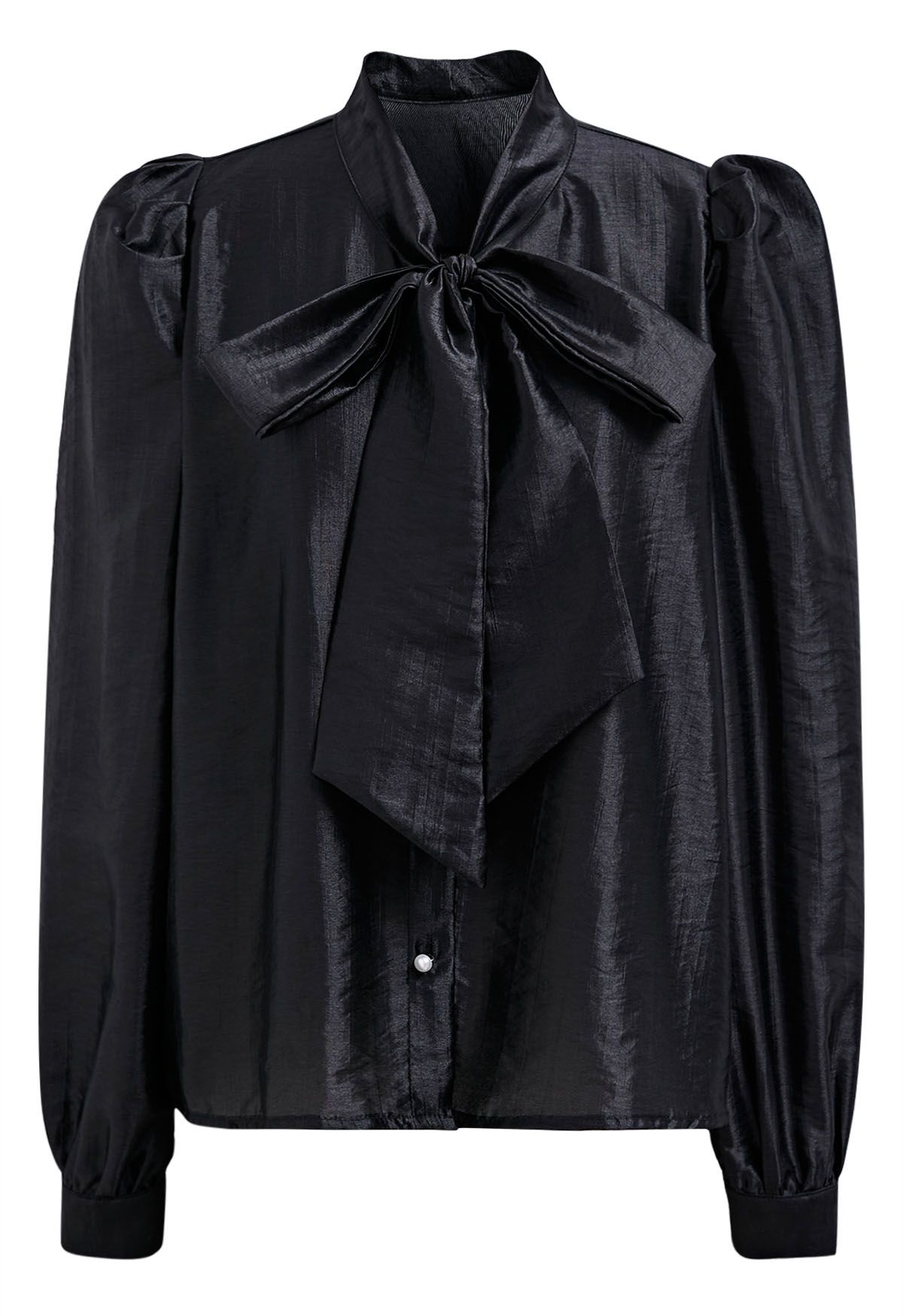 Texture Satin Self-Tie Bowknot Shirt in Black