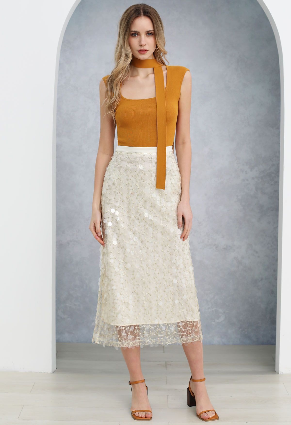 Square Neck Sleeveless Knit Top with Sash in Pumpkin