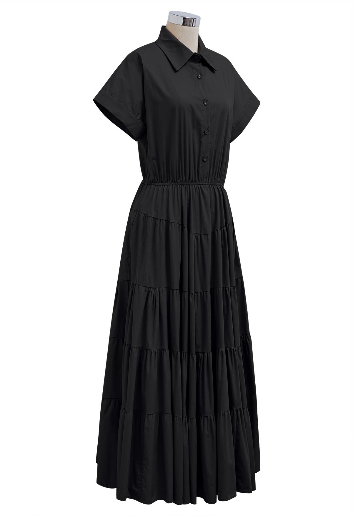 Short Sleeves Frilling Cotton Maxi Dress in Black