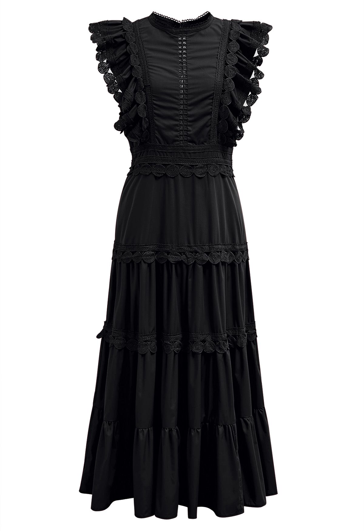 Crochet Trim Sleeveless Midi Dress in Black