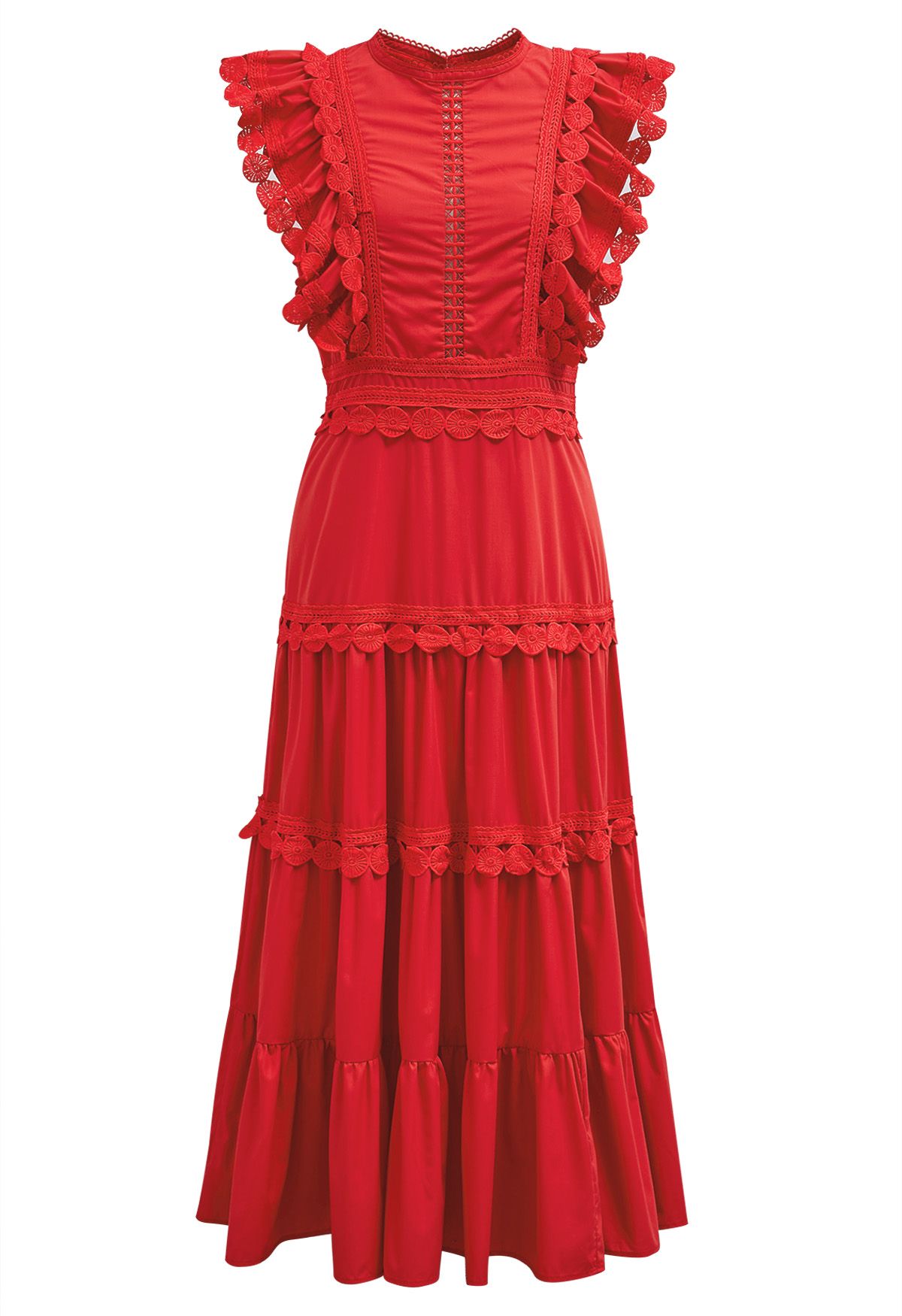 Crochet Trim Sleeveless Midi Dress in Red