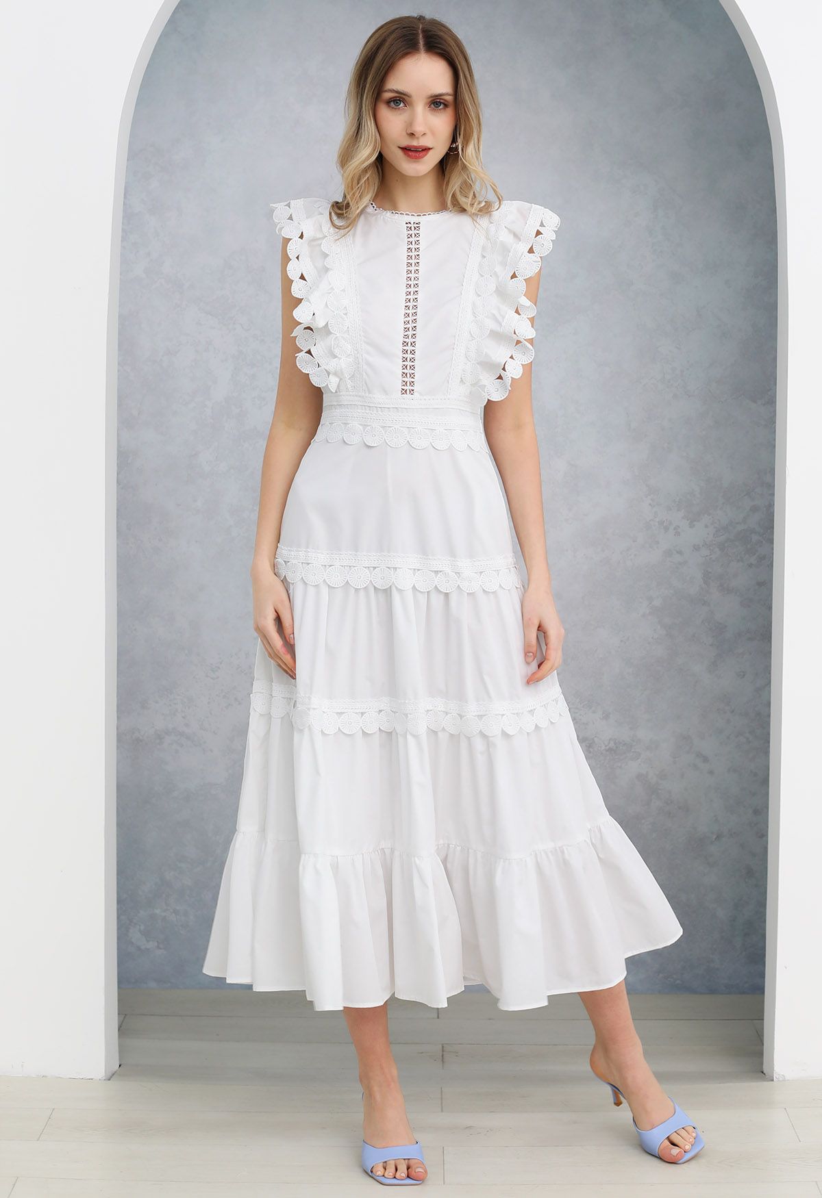 Crochet Trim Sleeveless Midi Dress in White