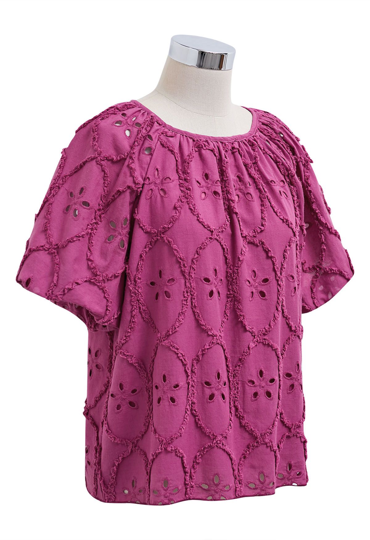 Floral Eyelet Embroidery Bubble Sleeves Top in Magenta