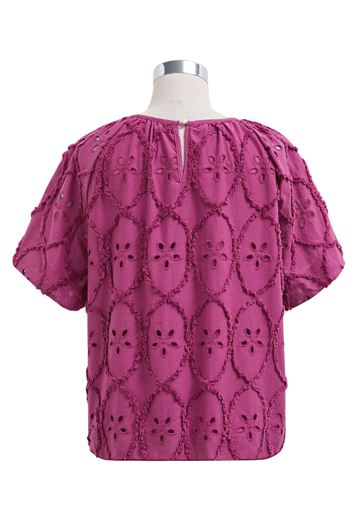 Floral Eyelet Embroidery Bubble Sleeves Top in Magenta