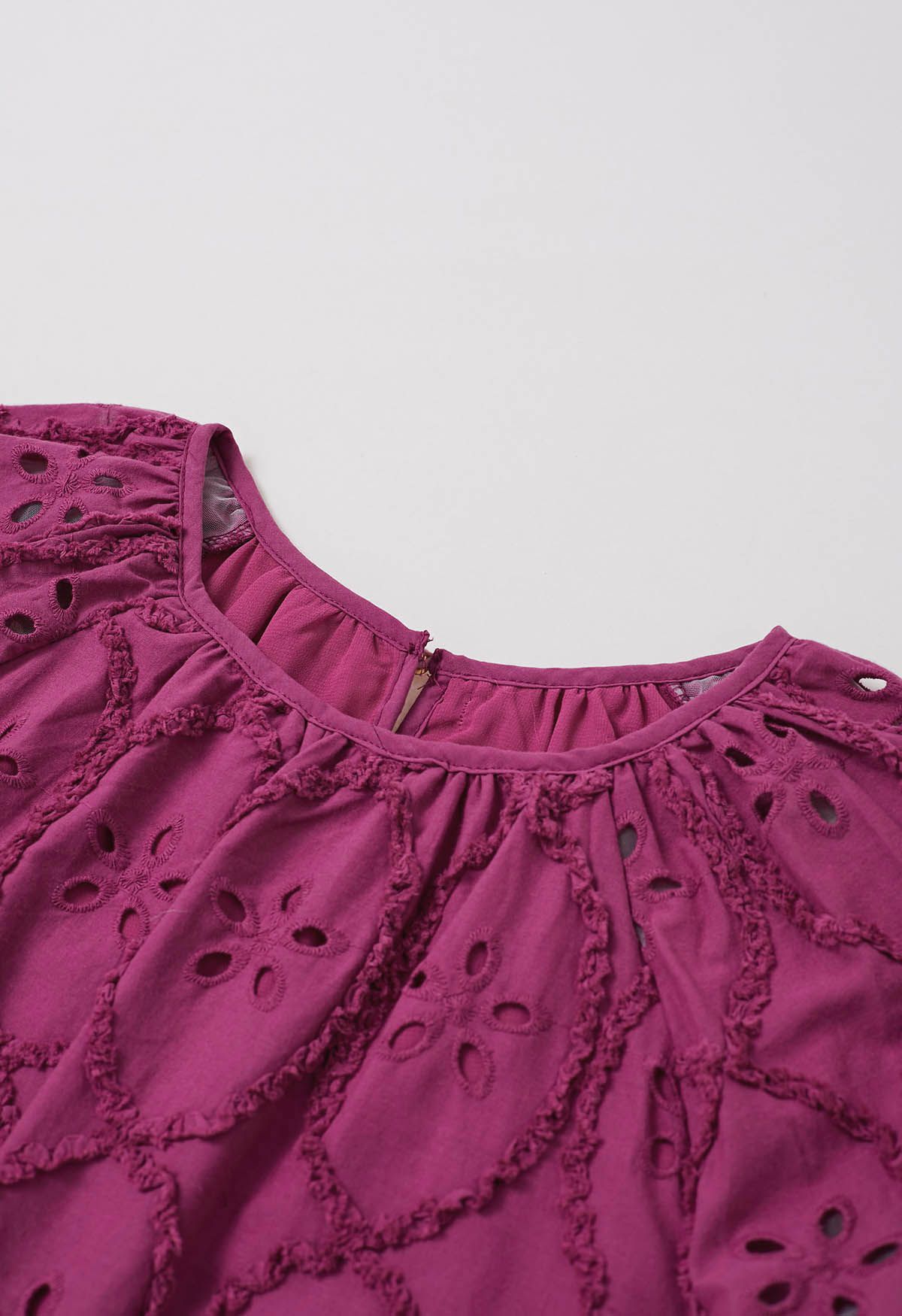 Floral Eyelet Embroidery Bubble Sleeves Top in Magenta